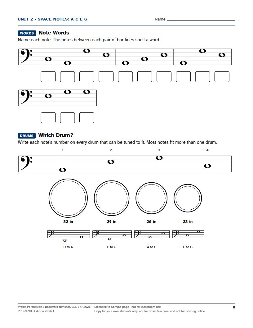 A page from the Praxis Percussion Press timpani workbook: note words on the bass staff, then four timpani with their ranges.